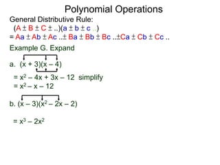 General Distributive Rule:
(A ± B ± C ± ..)(a ± b ± c ..)
= Aa ± Ab ± Ac ..± Ba ± Bb ± Bc ..±Ca ± Cb ± Cc ..
Example G. Expand
a. (x + 3)(x – 4)
= x2 – 4x + 3x – 12 simplify
= x2 – x – 12
b. (x – 3)(x2 – 2x – 2)
Polynomial Operations
= x3 – 2x2
 