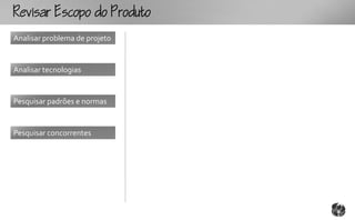 Rcopooouto
Analisar problema de projeto


Analisar tecnologias


Pesquisar padrões e normas


Pesquisar concorrentes
 