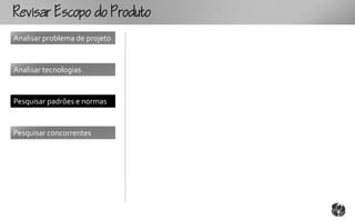 Rcopooouto
Analisar problema de projeto


Analisar tecnologias


Pesquisar padrões e normas


Pesquisar concorrentes
 