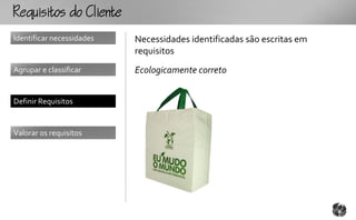 RqutooCt
Identificar necessidades   Necessidades identificadas são escritas em
                           requisitos
Agrupar e classificar      Ecologicamente correto


Definir Requisitos


Valorar os requisitos
 