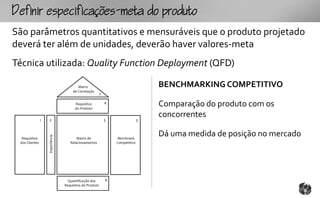 fpcfc-mtopouto
São parâmetros quantitativos e mensuráveis que o produto projetado
deverá ter além de unidades, deverão haver valores-meta
Técnica utilizada: Quality Function Deployment (QFD)

                                          Matriz                                    BENCHMARKING COMPETITIVO
                                       de Correlação
                                                          7

                                        Requisitos
                                        do Produto
                                                              4
                                                                                    Comparação do produto com os
                                                                                    concorrentes
                1   2                                         5                 3


                                                                                    Dá uma medida de posição no mercado
                    Importância




  Requisitos                             Matriz de                 Benchmark
 dos Clientes                        Relacionamentos              Competitivo




                                    Quantificação dos         6
                                  Requisitos do Produto
 