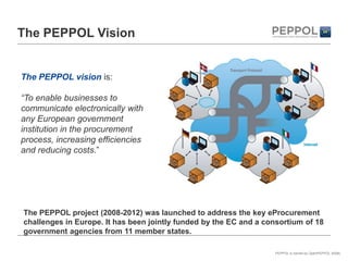 The PEPPOL Vision


The PEPPOL vision is:

“To enable businesses to
communicate electronically with
any European government
institution in the procurement
process, increasing efficiencies
and reducing costs.”




The PEPPOL project (2008-2012) was launched to address the key eProcurement
challenges in Europe. It has been jointly funded by the EC and a consortium of 18
government agencies from 11 member states.

                                                                   PEPPOL is owned by OpenPEPPOL AISBL
 
