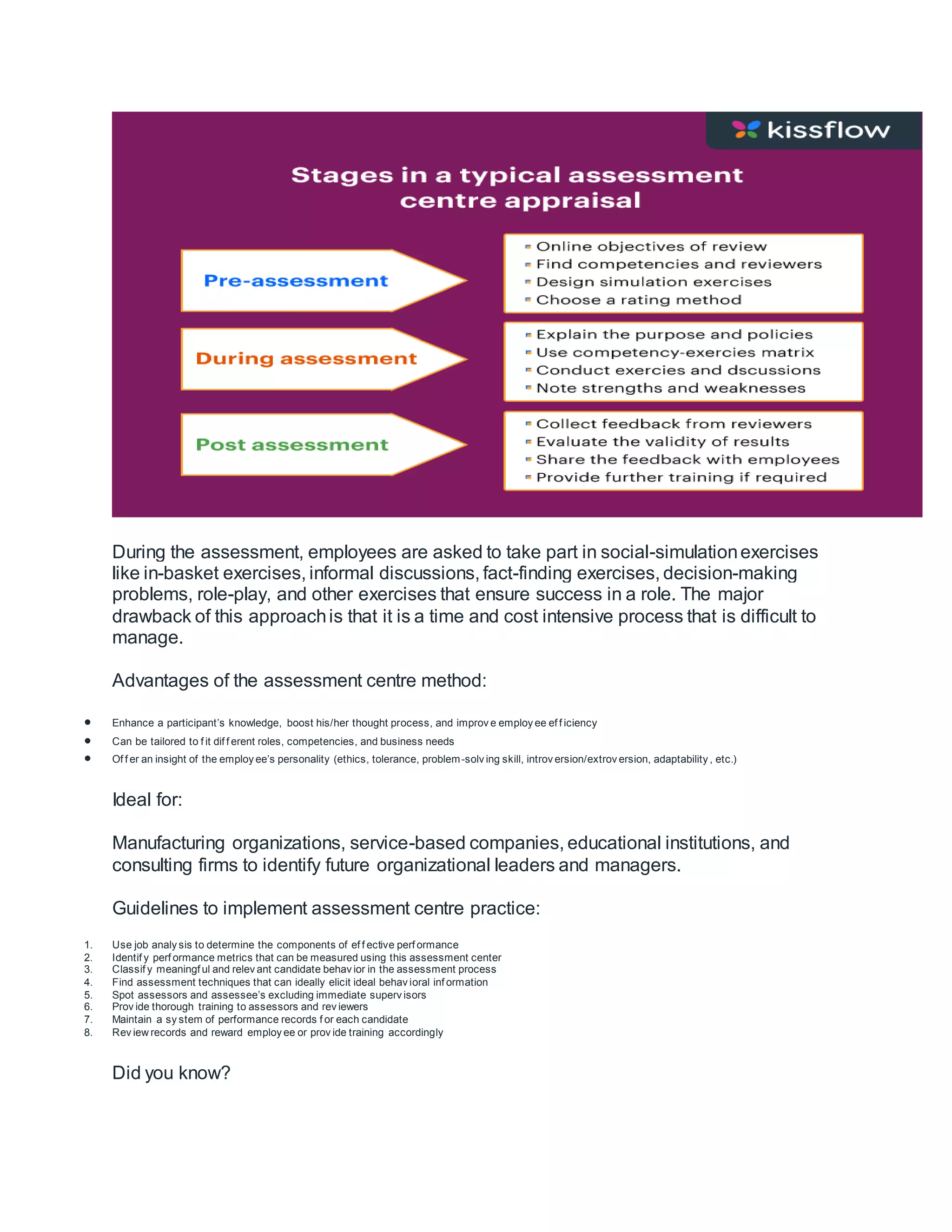 During the assessment, employees are asked to take part in social-simulationexercises
like in-basket exercises, informal discussions, fact-finding exercises, decision-making
problems, role-play, and other exercises that ensure success in a role. The major
drawback of this approachis that it is a time and cost intensive process that is difficult to
manage.
Advantages of the assessment centre method:
 Enhance a participant’s knowledge, boost his/her thought process, and improv e employ ee ef f iciency
 Can be tailored to f it dif f erent roles, competencies, and business needs
 Of f er an insight of the employ ee’s personality (ethics, tolerance, problem-solv ing skill, introv ersion/extrov ersion, adaptability , etc.)
Ideal for:
Manufacturing organizations, service-based companies, educational institutions, and
consulting firms to identify future organizational leaders and managers.
Guidelines to implement assessment centre practice:
1. Use job analy sis to determine the components of ef f ective perf ormance
2. Identif y perf ormance metrics that can be measured using this assessment center
3. Classif y meaningf ul and relev ant candidate behav ior in the assessment process
4. Find assessment techniques that can ideally elicit ideal behav ioral inf ormation
5. Spot assessors and assessee’s excluding immediate superv isors
6. Prov ide thorough training to assessors and rev iewers
7. Maintain a sy stem of performance records f or each candidate
8. Rev iew records and reward employ ee or prov ide training accordingly
Did you know?
 