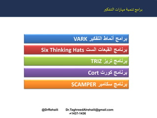 ‫التفكير‬‫ات‬‫ر‬‫مها‬ ‫تنمية‬‫امج‬‫ر‬‫ب‬
‫التفكير‬ ‫أنماط‬ ‫برامج‬VARK
‫الست‬ ‫القبعات‬ ‫برنامج‬Six Thinking Hats
‫برنامج‬‫تريز‬TRIZ
‫كورت‬ ‫برنامج‬Cort
‫برنامج‬‫سكامبر‬SCAMPER
@DrRehaili Dr.TaghreedAlrehaili@gmail.com
1436-1437‫هـ‬
 