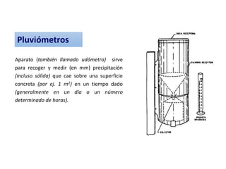 Pluviómetros
Aparato (también llamado udómetro) sirve
para recoger y medir (en mm) precipitación
(incluso sólida) que cae sobre una superficie
concreta (por ej. 1 m2) en un tiempo dado
(generalmente en un día o un número
determinado de horas).
 