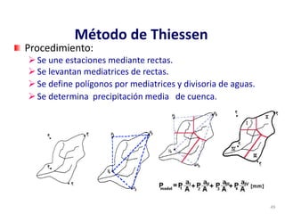 49
Método de Thiessen
Procedimiento:
Se une estaciones mediante rectas.
Se levantan mediatrices de rectas.
Se define polígonos por mediatrices y divisoria de aguas.
Se determina precipitación media de cuenca.
 
