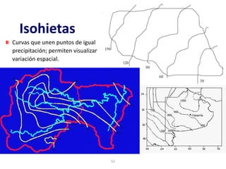 52
Isohietas
Curvas que unen puntos de igual
precipitación; permiten visualizar
variación espacial.
 