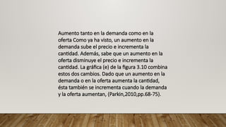 Aumento tanto en la demanda como en la
oferta Como ya ha visto, un aumento en la
demanda sube el precio e incrementa la
cantidad. Además, sabe que un aumento en la
oferta disminuye el precio e incrementa la
cantidad. La gráfica (e) de la figura 3.10 combina
estos dos cambios. Dado que un aumento en la
demanda o en la oferta aumenta la cantidad,
ésta también se incrementa cuando la demanda
y la oferta aumentan, (Parkin,2010,pp.68-75).
 