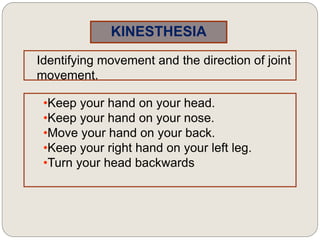 KINESTHESIA
Identifying movement and the direction of joint
movement.
•Keep your hand on your head.
•Keep your hand on your nose.
•Move your hand on your back.
•Keep your right hand on your left leg.
•Turn your head backwards
 