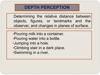 DEPTH PERCEPTION
Determining the relative distance between
objects, figures, or landmarks and the
observer, and changes in planes of surface.
•Pouring milk into a container.
•Pouring water into a bottle.
•Jumping into a hole.
•Climbing stair in a dark place.
•Swimming in a river.
 