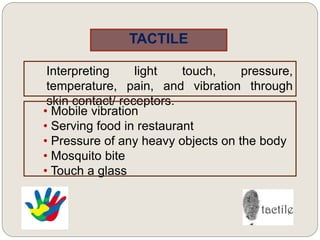 TACTILE
Interpreting light touch, pressure,
temperature, pain, and vibration through
skin contact/ receptors.
• Mobile vibration
• Serving food in restaurant
• Pressure of any heavy objects on the body
• Mosquito bite
• Touch a glass
 