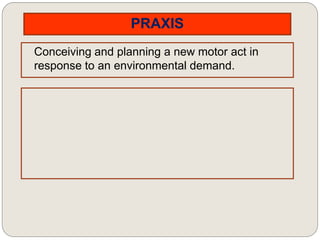 PRAXIS
Conceiving and planning a new motor act in
response to an environmental demand.
 