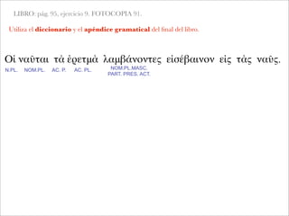 LIBRO: pág. 95, ejercicio 9. FOTOCOPIA 91.
Utiliza el diccionario y el apéndice gramatical del ﬁnal del libro.
Οἱ ναῦται τὰ ἐρετμὰ λαμβάνοντες εἰσέβαινον εἰς τὰς ναῦς.
N.PL. NOM.PL. AC. P. AC. PL. NOM.PL.MASC.
PART. PRES. ACT.
 