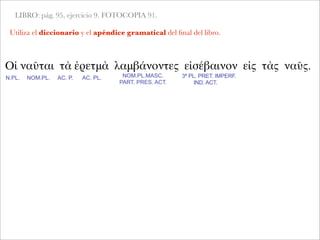 LIBRO: pág. 95, ejercicio 9. FOTOCOPIA 91.
Utiliza el diccionario y el apéndice gramatical del ﬁnal del libro.
Οἱ ναῦται τὰ ἐρετμὰ λαμβάνοντες εἰσέβαινον εἰς τὰς ναῦς.
N.PL. NOM.PL. AC. P. AC. PL. NOM.PL.MASC.
PART. PRES. ACT.
3ª PL. PRET. IMPERF.
IND. ACT.
 