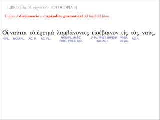 LIBRO: pág. 95, ejercicio 9. FOTOCOPIA 91.
Utiliza el diccionario y el apéndice gramatical del ﬁnal del libro.
Οἱ ναῦται τὰ ἐρετμὰ λαμβάνοντες εἰσέβαινον εἰς τὰς ναῦς.
N.PL. NOM.PL. AC. P. AC. PL. NOM.PL.MASC.
PART. PRES. ACT.
3ª PL. PRET. IMPERF.
IND. ACT.
PREP.
DE AC.
AC.P.
 
