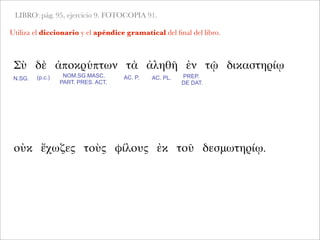 LIBRO: pág. 95, ejercicio 9. FOTOCOPIA 91.
Utiliza el diccionario y el apéndice gramatical del ﬁnal del libro.
Σὺ δὲ ἀποκρύπτων τὰ ἀληθῆ ἐν τῷ δικαστηρίῳ
N.SG. AC. P. AC. PL.NOM.SG.MASC.
PART. PRES. ACT.
PREP.
DE DAT.
οὐκ ἔχωζες τοὺς φίλους ἐκ τοῦ δεσμωτηρίῳ.
(p.c.)
 