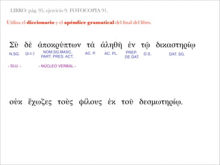 LIBRO: pág. 95, ejercicio 9. FOTOCOPIA 91.
Utiliza el diccionario y el apéndice gramatical del ﬁnal del libro.
Σὺ δὲ ἀποκρύπτων τὰ ἀληθῆ ἐν τῷ δικαστηρίῳ
- SUJ. -
N.SG. AC. P. AC. PL.NOM.SG.MASC.
PART. PRES. ACT.
PREP.
DE DAT.
D.S.
- NÚCLEO VERBAL -
οὐκ ἔχωζες τοὺς φίλους ἐκ τοῦ δεσμωτηρίῳ.
(p.c.) DAT. SG.
 