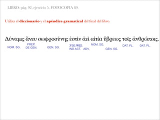 LIBRO: pág. 92, ejercicio 5. FOTOCOPIA 89.
Δύναμις ἄνευ σωφροσύνης ἐστὶν ἀεὶ αἰτία ὕβρεως τοῖς ἀνθρώποις.
NOM. SG.
PREP.
DE GEN.
Utiliza el diccionario y el apéndice gramatical del ﬁnal del libro.
GEN. SG.
3ªSG.PRES.
IND.ACT. ADV.
NOM. SG.
GEN. SG.
DAT. PL. DAT. PL.
 