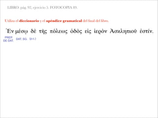LIBRO: pág. 92, ejercicio 5. FOTOCOPIA 89.
Utiliza el diccionario y el apéndice gramatical del ﬁnal del libro.
Ἐν μέσῳ δὲ τῆς πόλεως ὁδὸς εἰς ἱερὸν Ἀσκληπιοῦ ἐστίν.
PREP.
DE DAT.
DAT. SG. (p.c.)
 
