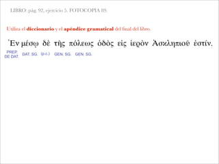 LIBRO: pág. 92, ejercicio 5. FOTOCOPIA 89.
Utiliza el diccionario y el apéndice gramatical del ﬁnal del libro.
Ἐν μέσῳ δὲ τῆς πόλεως ὁδὸς εἰς ἱερὸν Ἀσκληπιοῦ ἐστίν.
PREP.
DE DAT.
DAT. SG. (p.c.) GEN. SG. GEN. SG.
 