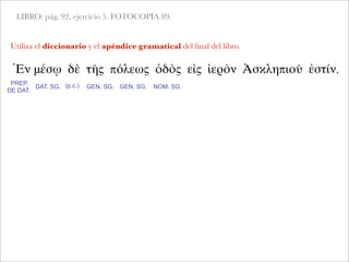 LIBRO: pág. 92, ejercicio 5. FOTOCOPIA 89.
Utiliza el diccionario y el apéndice gramatical del ﬁnal del libro.
Ἐν μέσῳ δὲ τῆς πόλεως ὁδὸς εἰς ἱερὸν Ἀσκληπιοῦ ἐστίν.
PREP.
DE DAT.
DAT. SG. (p.c.) GEN. SG. GEN. SG. NOM. SG.
 