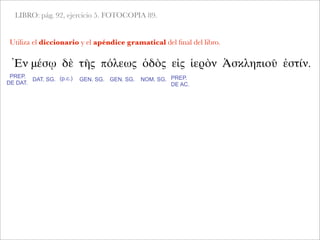 LIBRO: pág. 92, ejercicio 5. FOTOCOPIA 89.
Utiliza el diccionario y el apéndice gramatical del ﬁnal del libro.
Ἐν μέσῳ δὲ τῆς πόλεως ὁδὸς εἰς ἱερὸν Ἀσκληπιοῦ ἐστίν.
PREP.
DE DAT.
DAT. SG. (p.c.) GEN. SG. GEN. SG. NOM. SG. PREP.
DE AC.
 