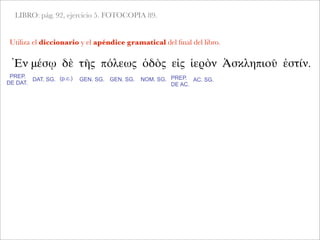 LIBRO: pág. 92, ejercicio 5. FOTOCOPIA 89.
Utiliza el diccionario y el apéndice gramatical del ﬁnal del libro.
Ἐν μέσῳ δὲ τῆς πόλεως ὁδὸς εἰς ἱερὸν Ἀσκληπιοῦ ἐστίν.
PREP.
DE DAT.
DAT. SG. (p.c.) GEN. SG. GEN. SG. NOM. SG. PREP.
DE AC.
AC. SG.
 
