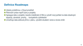 4
Definice Roadmaps
Ukázky proběhnou v Cloud prostředí
Plánování práce napříč týmy a projekty
Agreguje data z projektů, boards (nástěnek) či filtrů a vytváří nový pohled na data obsahující
kapacity, závislosti, priority,… kompaktně a přehledně
Umožňuje data editovat přímo v plánu, vytvářet zkušební verze a revize změn
 