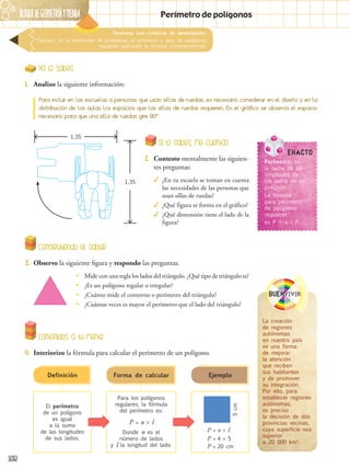 108
Destreza con criterios de desempeño:
Calcular, en la resolución de problemas, el perímetro y área de polígonos
regulares aplicando la fórmula correspondiente.
Perímetro de polígonos
Contenidos a tu mente
4.	 Interiorizo la fórmula para calcular el perímetro de un polígono.
Ya lo sabes
1.	 Analizo la siguiente información:
Para incluir en las escuelas a personas que usan sillas de ruedas, es necesario considerar en el diseño y en la
distribución de las aulas los espacios que las sillas de ruedas requieren. En el gráfico se observa el espacio
necesario para que una silla de ruedas gire 90°.
La creación
de regiones
autónomas
en nuestro país
es una forma
de mejorar
la atención
que reciben
sus habitantes
y de promover
su integración.
Por ello, para
establecer regiones
autónomas,
es preciso
la decisión de dos
provincias vecinas,
cuya superficie sea
superior
a 20 000 km2
.
BUENvivir
Construyendo el saber
3.	 Observo la siguiente figura y respondo las preguntas.
•
• Mide con una regla los lados del triángulo. ¿Qué tipo de triángulo es?
•
• ¿Es un polígono regular o irregular?
•
• ¿Cuánto mide el contorno o perímetro del triángulo?
•
• ¿Cuántas veces es mayor el perímetro que el lado del triángulo?
Si lo sabes, me cuentas
2.	 Contesto mentalmente las siguien-
tes preguntas:
✓
✓ ¿En tu escuela se toman en cuenta
las necesidades de las personas que
usan sillas de ruedas?
✓
✓ ¿Qué figura se forma en el gráfico?
✓
✓ ¿Qué dimensión tiene el lado de la
figura?
Definición Forma de calcular Ejemplo
El perímetro
de un polígono
es igual
a la suma
de las longitudes
de sus lados.
Para los polígonos
regulares, la fórmula
del perímetro es:
P = n × l
Donde n es el
número de lados
y l la longitud del lado.
P = n × l
P = 4 × 5
P = 20 cm
5
cm
1,35
1,35
EXACTO
Perímetro: es
la suma de las
longitudes de
los lados de un
polígono.
La fórmula
para perímetro
de polígonos
regulares
es P = n × l
BLOQUEdegeometríaymedida
 