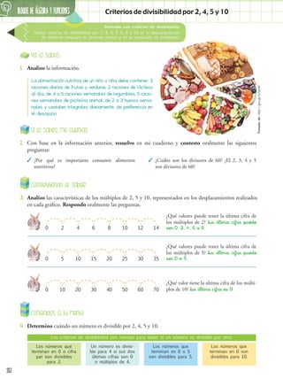 BLOQUE DE ÁLGEBRA Y FUNCIONES
6
28
Criterios de divisibilidad por 2, 4, 5 y 10
Destreza con criterios de desempeño:
Utilizar criterios de divisibilidad por 2, 3, 4, 5, 6, 9 y 10 en la descomposición
de números naturales en factores primos y en la resolución de problemas.
Ya lo sabes
1.	 Analizo la información.
La alimentación nutritiva de un niño o niña debe contener: 3
raciones diarias de frutas y verduras, 2 raciones de lácteos
al día, de 4 a 5 raciones semanales de legumbres, 5 racio-
nes semanales de proteína animal, de 2 a 3 huevos sema-
nales y cereales integrales diariamente, de preferencia en
el desayuno.
Contenidos a tu mente
4.	 Determino cuándo un número es divisible por 2, 4, 5 y 10.
Los criterios de divisibilidad son normas para saber si un número es divisible por otro.
Los números que
terminan en 0 o cifra
par son divisibles
para 2.
Los números que
terminan en 0 son
divisibles para 10.
Los números que
terminan en 0 o 5
son divisibles para 5.
Un número es divisi-
ble para 4 si sus dos
últimas cifras son 0
o múltiplos de 4.
Construyendo el saber
3.	 Analizo las características de los múltiplos de 2, 5 y 10, representados en los desplazamientos realizados
en cada gráfico. Respondo oralmente las preguntas.
0 2 4 6 8 10 12 14
¿Qué valores puede tener la última cifra de
los múltiplos de 2? La última cifra puede
ser 0, 2, 4, 6 u 8.
0 5 10 15 20 25 30 35
¿Qué valores puede tener la última cifra de
los múltiplos de 5? La última cifra puede
ser 0 o 5.
0 10 20 30 40 50 60 70
¿Qué valor tiene la última cifra de los múlti-
plos de 10? La última cifra es 0.
Si lo sabes, me cuentas
2.	 Con base en la información anterior, resuelvo en mi cuaderno y contesto oralmente las siguientes
preguntas:
✓
✓ ¿Por qué es importante consumir alimentos
nutritivos?
✓
✓ ¿Cuáles son los divisores de 60? ¿El 2, 3, 4 y 5
son divisores de 60?
Tomado
de:
http://goo.gl/xxTpm8
 