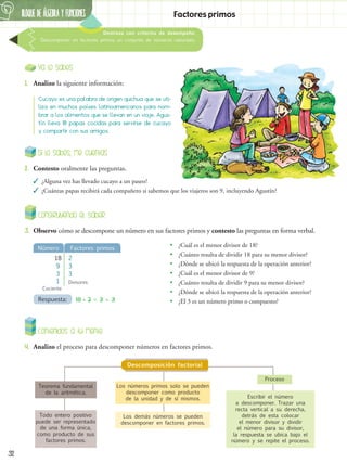BLOQUE DE ÁLGEBRA Y FUNCIONES
6
32
Factores primos
Destreza con criterios de desempeño:
Descomponer en factores primos un conjunto de números naturales.
Si lo sabes, me cuentas
2.	 Contesto oralmente las preguntas.
✓
✓ ¿Alguna vez has llevado cucayo a un paseo? 	
✓
✓ ¿Cuántas papas recibirá cada compañero si sabemos que los viajeros son 9, incluyendo Agustín?
Ya lo sabes
1.	 Analizo la siguiente información:
Cucayo es una palabra de origen quichua que se uti-
liza en muchos países latinoamericanos para nom-
brar a los alimentos que se llevan en un viaje. Agus-
tín lleva 18 papas cocidas para servirse de cucayo
y compartir con sus amigos.
Contenidos a tu mente
4.	 Analizo el proceso para descomponer números en factores primos.
Teorema fundamental
de la aritmética.
Todo entero positivo
puede ser representado
de una forma única,
como producto de sus
factores primos.
Los números primos solo se pueden
descomponer como producto
de la unidad y de sí mismos.
Los demás números se pueden
descomponer en factores primos.
Proceso
Escribir el número
a descomponer. Trazar una
recta vertical a su derecha,
detrás de esta colocar
el menor divisor y dividir
el número para su divisor,
la respuesta se ubica bajo el
número y se repite el proceso.
Descomposición factorial
Construyendo el saber
3.	 Observo cómo se descompone un número en sus factores primos y contesto las preguntas en forma verbal.
•
• ¿Cuál es el menor divisor de 18?
•
• ¿Cuánto resulta de dividir 18 para su menor divisor?
•
• ¿Dónde se ubicó la respuesta de la operación anterior?
•
• ¿Cuál es el menor divisor de 9?
•
• ¿Cuánto resulta de dividir 9 para su menor divisor?
•
• ¿Dónde se ubicó la respuesta de la operación anterior?
•
• ¿El 3 es un número primo o compuesto?
Número
Respuesta:
Factores primos
9
3
1
18
3
2
3
Divisores
18 = 2  3  3
Cociente
 