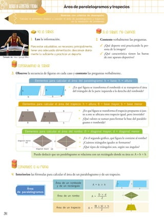 34
Destreza con criterios de desempeño:
Calcular el perímetro; deducir y calcular el área de paralelogramos y trapecios
en la resolución de problemas.
Área de paralelogramos y trapecios
Ya lo sabes
1.	 Leo la información.
Si lo sabes, me cuentas
2.	 Contesto verbalmente las preguntas.
✓
✓ ¿Qué deporte está practicando la per-
sona de la imagen?
✓
✓ ¿Qué característica tienen las barras
de este aparato deportivo?
Para estar saludables, es necesario, principalmente,
tener una adecuada alimentación, descansar diaria-
mente lo suficiente y practicar un deporte.
Construyendo el saber
3.	 Observo la secuencia de figuras en cada caso y contesto las preguntas verbalmente.
Elementos para calcular el área del paralelogramo: b = base; h = altura
Puedo deducir que un paralelogramo se relaciona con un rectángulo donde su área es: A = b  h
•
• ¿En qué figura se transforma el romboide si se transporta el área
del triángulo de la parte izquierda a la derecha del romboide?
h
b
h
h
b
Elementos para calcular el área del trapecio: h = altura; B = base mayor; b = base menor
•
• ¿En qué figura se transforma el trapecio propuesto si jun-
to a este se ubicara otro trapecio igual, pero invertido?
•
• ¿Qué valores se suman para formar la base del paralelo-
gramo o romboide?
b B
B b
h
b
B
h
Elementos para calcular el área del rombo: D = diagonal mayor; d = diagonal menor
•
• ¿En el segundo gráfico, qué figura le contiene al rombo?
•
• ¿Cuántos triángulos iguales se formaron?
•
• ¿Qué tipos de triángulos son, según sus ángulos?
d
D
diagonal menor
diagonal mayor
(d)
(D)
Contenidos a tu mente
4.	 Interiorizo las fórmulas para calcular el área de un paralelogramo y de un trapecio.
Área de un romboide
y de un rectángulo
Área de un rombo
Área de un trapecio
b
B
h
d
D
A = b  h
D  d
2
A =
(B + b)  h
2
A =
h
b
Área
de paralelogramos
h
b
BLOQUEdegeometríaymedida
Tomado de: http://goo.gl/9flkci
 