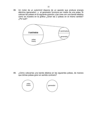 88. Un motor de un automóvil dispone de un aparato que produce energía
eléctrica (generador) y el generador funciona por medio de una polea. Si
colocas las poleas en la siguiente posición y las unes con una banda elástica
como se muestra en la gráfica ¿Giran las 2 poleas en el mismo sentido?
¿Por qué?
89. ¿Cómo colocarías una banda elástica en las siguientes poleas, de manera
que dichas poleas giren en sentido contrario?
32
polea
motriz generador
polea
motriz
generador
8 centímetros
4 centímetros
8 centímetros
 