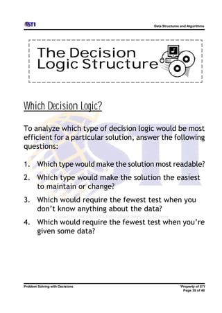 Data Structures and Algorithms




       The Decision
       Logic Structure


Which Decision Logic?
To analyze which type of decision logic would be most
efficient for a particular solution, answer the following
questions:

1. Which type would make the solution most readable?
2. Which type would make the solution the easiest
   to maintain or change?
3. Which would require the fewest test when you
   don’t know anything about the data?
4. Which would require the fewest test when you’re
   given some data?




Problem Solving with Decisions                          *Property of STI
                                                          Page 30 of 40
 