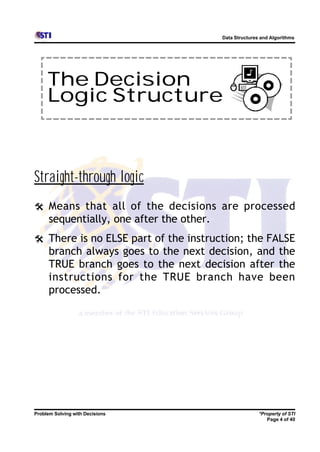 Data Structures and Algorithms




     The Decision
     Logic Structure



Straight-through logic
@ Means that all of the decisions are processed
      sequentially, one after the other.
@ There is no ELSE part of the instruction; the FALSE
      branch always goes to the next decision, and the
      TRUE branch goes to the next decision after the
      instructions for the TRUE branch have been
      processed.




Problem Solving with Decisions                            *Property of STI
                                                             Page 4 of 40
 