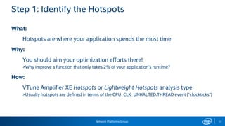 Network Platforms Group 12
Step 1: Identify the Hotspots
What:
Hotspots are where your application spends the most time
Why:
You should aim your optimization efforts there!
>Why improve a function that only takes 2% of your application’s runtime?
How:
VTune Amplifier XE Hotspots or Lightweight Hotspots analysis type
>Usually hotspots are defined in terms of the CPU_CLK_UNHALTED.THREAD event (“clockticks”)
 