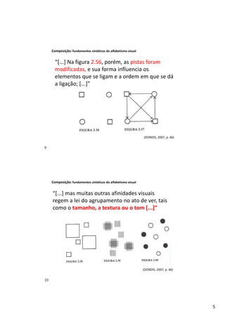 5
Composição:fundamentos sintáticos do alfabetismo visual
“[...] Na figura 2.56, porém, as pistas foram
modificadas, e sua forma influencia os
elementos que se ligam e a ordem em que se dá
a ligação; [...]”
(DONDIS, 2007, p. 46)
Composição:fundamentos sintáticos do alfabetismo visual
“[...] mas muitas outras afinidades visuais
regem a lei do agrupamento no ato de ver, tais
como o tamanho, a textura ou o tom [...]”
(DONDIS, 2007, p. 46)
9
10
 