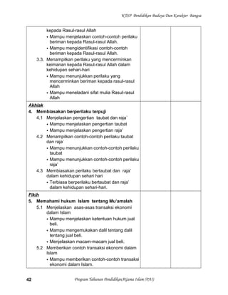 KTSP Pendidikan Budaya Dan Karakter Bangsa
kepada Rasul-rasul Allah
 Mampu menjelaskan contoh-contoh perilaku
beriman kepada Rasul-rasul Allah.
 Mampu mengidentifikasi contoh-contoh
beriman kepada Rasul-rasul Allah.
3.3. Menampilkan perilaku yang mencerminkan
keimanan kepada Rasul-rasul Allah dalam
kehidupan sehari-hari
 Mampu menunjukkan perilaku yang
mencerminkan beriman kepada rasul-rasul
Allah
 Mampu meneladani sifat mulia Rasul-rasul
Allah
Akhlak
4. Membiasakan berperilaku terpuji
4.1 Menjelaskan pengertian taubat dan raja`
 Mampu menjelaskan pengertian taubat
 Mampu menjelaskan pengertian raja’
4.2 Menampilkan contoh-contoh perilaku taubat
dan raja`
 Mampu menunjukkan contoh-contoh perilaku
taubat
 Mampu menunjukkan contoh-contoh perilaku
raja’
4.3 Membiasakan perilaku bertaubat dan raja`
dalam kehidupan sehari hari
 Terbiasa berperilaku bertaubat dan raja’
dalam kehidupan sehari-hari.
Fikih
5. Memahami hukum Islam tentang Mu’amalah
5.1 Menjelaskan asas-asas transaksi ekonomi
dalam Islam
 Mampu menjelaskan ketentuan hukum jual
beli.
 Mampu mengemukakan dalil tentang dalil
tentang jual beli.
 Menjelaskan macam-macam jual beli.
5.2 Memberikan contoh transaksi ekonomi dalam
Islam
 Mampu memberikan contoh-contoh transaksi
ekonomi dalam Islam.
Program Tahunan PendidikanAGama Islam (PAI)42
 