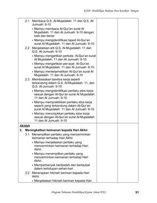 KTSP Pendidikan Budaya Dan Karakter Bangsa
2.1 Membaca Q.S. Al-Mujadalah: 11 dan Q.S. Al-
Jumuah: 9-10
 Mampu membaca Al-Qur’an surat Al
Mujadalah: 11 dan Al Jumuah: 9-10 dengan
baik dan benar
 Mampu mengidentifikasi tajwid Al-Qur’an
surat Al Mujadalah: 11 dan Al Jumuah: 9-10.
2.2 Menjelaskan arti Q.S. Al-Mujadalah: 11 dan
Q.S. Al-Jumuah: 9-10
 Mampu mengartikan perkata Al-Qur’an surat
Al Mujadalah: 11 dan Al Jumuah: 9-10.
 Mampu mengartikan per-ayat Al-Qur’an
surat Al Mujadalah: 11 dan Al Jumuah: 9-10.
 Mampu menterjemahkan Al-Qur’an surat Al
Mujadalah: 11 dan Al Jumuah: 9-10
2.3 Membiasakan beretos kerja seperti
terkandung dalam Q.S. Al-Mujadalah: 11, dan
Q.S. Al-Jumuah: 9-10
 Mampu mengidentifikasi perilaku etos kerja
sesuai dengan Al-Qur’an surat Al Mujadalah:
11 dan Al Jumuah: 9-10.
 Mampu mempraktikkan perilaku etos kerja
seperti yang terkandung dalam Al-Qur’an
surat Al Mujadalah: 11 dan Al Jumuah: 9-10.
 Mampu menunjukkan perilaku etos kerja
sesuai dengan Al-Qur’an surat Al Mujadalah:
11 dan Al Jumuah: 9-10
Akidah
3. Meningkatkan keimanan kepada Hari Akhir
3.1 Menampilkan perilaku yang mencerminkan
keimanan terhadap Hari Akhir
 Mampu menjelaskan perilaku yang
mencerminkan keimanan terhadap Hari
Akhir.
 Mampu menampilkan perilaku yang
mencerminkan keimanan terhadap Hari
Akhir.
 Memperbanyak beribadah dan bertaubat
dalam kehidupan sehari-hari
3.2 Menerapkan hikmah beriman kepada Hari
Akhir
 Menjelaskan hikmah beriman kepada Hari
Program Tahunan PendidikanAGama Islam (PAI) 51
 