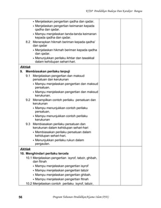 KTSP Pendidikan Budaya Dan Karakter Bangsa
 Menjelaskan pengertian qadha dan qadar.
 Menjelaskan pengertian keimanan kepada
qadha dan qadar.
 Mampu menjelaskan tanda-tanda keimanan
kepada qadha dan qadar.
8.2 Menerapkan hikmah beriman kepada qadha’
dan qadar
 Menjelaskan hikmah beriman kepada qadha
dan qadar.
 Menunjukkan perilaku ikhtiar dan tawakkal
dalam kehidupan sehari-hari.
Akhlak
9. Membiasakan perilaku terpuji
9.1 Menjelaskan pengertian dan maksud
persatuan dan kerukunan
 Mampu menjelaskan pengertian dan maksud
persatuan.
 Mampu menjelaskan pengertian dan maksud
kerukunan.
9.2 Menampilkan contoh perilaku persatuan dan
kerukunan
 Mampu menunjukkan contoh perilaku
persatuan.
 Mampu menunjukkan contoh perilaku
kerukunan
9.3 Membiasakan perilaku persatuan dan
kerukunan dalam kehidupan sehari-hari
 Membiasakan perilaku persatuan dalam
kehidupan sehari-hari.
 Menunjukkan perilaku rukun dalam
pergaulan.
Akhlak
10. Menghindari perilaku tercela
10.1 Menjelaskan pengertian isyrof, tabzir, ghibah,
dan fitnah
 Mampu menjelaskan pengertian isyrof
 Mampu menjelaskan pengertian tabzir
 Mampu menjelaskan pengertian ghibah.
 Mampu menjelaskan pengertian fitnah
10.2 Menjelaskan contoh perilaku isyrof, tabzir,
Program Tahunan PendidikanAGama Islam (PAI)56
 