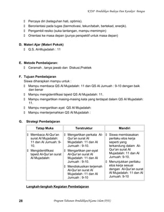 KTSP Pendidikan Budaya Dan Karakter Bangsa
 Percaya diri (keteguhan hati, optimis).
 Berorientasi pada tugas (bermotivasi, tekun/tabah, bertekad, enerjik).
 Pengambil resiko (suka tantangan, mampu memimpin)
 Orientasi ke masa depan (punya perspektif untuk masa depan)
D. Materi Ajar (Materi Pokok)
 Q.S. Al-Mujadalah : 11
E. Metode Pembelajaran:
 Ceramah , tanya jawab dan Diskusi,Praktek
F. Tujuan Pembelajaran
Siswa diharapkan mampu untuk :
 Mampu membaca QS Al Mujadalah: 11 dan QS Al Jumuah : 9-10 dengan baik
dan benar
 Mampu mengidentifikasi tajwid QS Al Mujadalah: 11.
 Mampu mengartikan masing-masing kata yang terdapat dalam QS Al Mujadalah:
11.
 Mampu mengartikan ayat QS Al Mujadalah:
 Mampu menterjemahkan QS Al Mujadalah :
G. Strategi Pembelajaran
Tatap Muka Terstruktur Mandiri
 Membaca Al-Qur’an
surat Al Mujadalah:
11 dan Al Jumuah: 9-
10.
 Mengidentifikasi
tajwid Al-Qur’an surat
Al Mujadalah:
 Mengartikan perkata Al-
Qur’an surat Al
Mujadalah: 11 dan Al
Jumuah : 9-10.
 Mengartikan per-ayat
Al-Qur’an surat Al
Mujadalah: 11 dan Al
Jumuah : 9-10.
 Mendiskusikan terjemah
Al-Qur’an surat Al
Mujadalah :11 dan Al
Jumuah : 9-10
 Siswa membiasakan
perilaku etos kerja
seperti yang
terkandung dalam Al-
Qur’an surat Al
Mujadalah: 11 dan Al
Jumuah: 9-10.
 Menunjukkan perilaku
etos kerja sesuai
dengan Al-Qur’an surat
Al Mujadalah: 11 dan Al
Jumuah: 9-10
Langkah-langkah Kegiatan Pembelajaran
Program Tahunan PendidikanAGama Islam (PAI)28
 