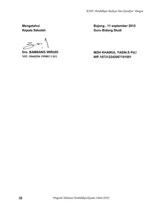 KTSP Pendidikan Budaya Dan Karakter Bangsa
Mengetahui
Kepala Sekolah
Drs. BAMBANG WIRUDI
NIP. 19660204 199003 1 011
Bojong , 11 september 2015
Guru Bidang Studi
MOH KHAIRUL YASIN.S Pd.I
NIP.197312242007101001
Program Tahunan PendidikanAGama Islam (PAI)32
 