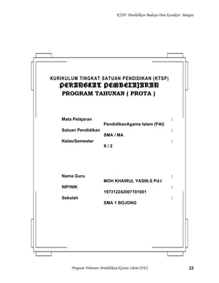 KTSP Pendidikan Budaya Dan Karakter Bangsa
Program Tahunan PendidikanAGama Islam (PAI) 33
KURIKULUM TINGKAT SATUAN PENDIDIKAN (KTSP)
PERANGKAT PEMBELAJARANPERANGKAT PEMBELAJARAN
PROGRAM TAHUNAN ( PROTA )PROGRAM TAHUNAN ( PROTA )
Mata Pelajaran :
PendidikanAgama Islam (PAI)
Satuan Pendidikan :
SMA / MA
Kelas/Semester :
X / 2
Nama Guru :
MOH KHAIRUL YASIN.S Pd.I
NIP/NIK :
197312242007101001
Sekolah :
SMA 1 BOJONG
 