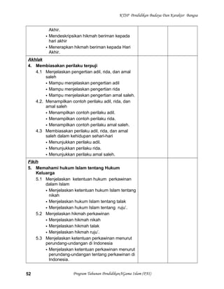 KTSP Pendidikan Budaya Dan Karakter Bangsa
Akhir.
 Mendeskripsikan hikmah beriman kepada
hari akhir
 Menerapkan hikmah beriman kepada Hari
Akhir.
Akhlak
4. Membiasakan perilaku terpuji
4.1 Menjelaskan pengertian adil, rida, dan amal
saleh
 Mampu menjelaskan pengertian adil
 Mampu menjelaskan pengertian rida
 Mampu menjelaskan pengertian amal saleh.
4.2. Menampilkan contoh perilaku adil, rida, dan
amal saleh
 Menampilkan contoh perilaku adil.
 Menampilkan contoh perilaku rida.
 Menampilkan contoh perilaku amal saleh.
4.3 Membiasakan perilaku adil, rida, dan amal
saleh dalam kehidupan sehari-hari
 Menunjukkan perilaku adil.
 Menunjukkan perilaku rida.
 Menunjukkan perilaku amal saleh.
Fikih
5. Memahami hukum Islam tentang Hukum
Keluarga
5.1 Menjelaskan ketentuan hukum perkawinan
dalam Islam
 Menjelaskan ketentuan hukum Islam tentang
nikah
 Menjelaskan hukum Islam tentang talak
 Menjelaskan hukum Islam tentang ruju’.
5.2 Menjelaskan hikmah perkawinan
 Menjelaskan hikmah nikah
 Menjelaskan hikmah talak
 Menjelaskan hikmah ruju’.
5.3 Menjelaskan ketentuan perkawinan menurut
perundang-undangan di Indonesia
 Menjelaskan ketentuan perkawinan menurut
perundang-undangan tentang perkawinan di
Indonesia.
Program Tahunan PendidikanAGama Islam (PAI)52
 
