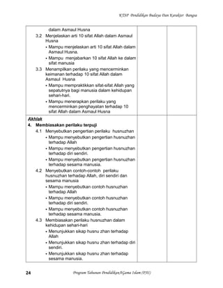 KTSP Pendidikan Budaya Dan Karakter Bangsa
dalam Asmaul Husna
3.2 Menjelaskan arti 10 sifat Allah dalam Asmaul
Husna
 Mampu menjelaskan arti 10 sifat Allah dalam
Asmaul Husna.
 Mampu menjabarkan 10 sifat Allah ke dalam
sifat manusia
3.3 Menampilkan perilaku yang mencerminkan
keimanan terhadap 10 sifat Allah dalam
Asmaul Husna
 Mampu mempraktikkan sifat-sifat Allah yang
sepatutnya bagi manusia dalam kehidupan
sehari-hari.
 Mampu menerapkan perilaku yang
mencerminkan penghayatan terhadap 10
sifat Allah dalam Asmaul Husna
Akhlak
4. Membiasakan perilaku terpuji
4.1 Menyebutkan pengertian perilaku husnuzhan
 Mampu menyebutkan pengertian husnuzhan
terhadap Allah
 Mampu menyebutkan pengertian husnuzhan
terhadap diri sendiri.
 Mampu menyebutkan pengertian husnuzhan
terhadap sesama manusia.
4.2 Menyebutkan contoh-contoh perilaku
husnuzhan terhadap Allah, diri sendiri dan
sesama manusia
 Mampu menyebutkan contoh husnuzhan
terhadap Allah
 Mampu menyebutkan contoh husnuzhan
terhadap diri sendiri.
 Mampu menyebutkan contoh husnuzhan
terhadap sesama manusia.
4.3 Membiasakan perilaku husnuzhan dalam
kehidupan sehari-hari
 Menunjukkan sikap husnu zhan terhadap
Allah
 Menunjukkan sikap husnu zhan terhadap diri
sendiri.
 Menunjukkan sikap husnu zhan terhadap
sesama manusia.
Program Tahunan PendidikanAGama Islam (PAI)24
 