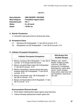 KTSP Pendidikan Budaya Dan Karakter Bangsa
( R P P )
Nama Sekolah : SMA NEGERI 1 BOJONG
Mata Pelajaran : Pendidikan Agama Islam
Kelas/Semester : XII / 1
Waktu : 2 x 45 menit
Aspek : Al-Qur’an
A. Standar Kompetensi
2. memahami ayat-ayat al-Qur’an tentang etos kerja..
B. Kompetensi Dasar
2.1 Membaca QS Al-Mujadalah: 11 dan QS Al-Jumuah: 9-10
2.2 Menjelaskan arti QS Al-Mujadalah: 11 dan QS Al-Jumuah: 9-10
C. Indikator Pencapaian Kompetensi :
Indikator Pencapaian Kompetensi
Nilai Budaya Dan
Karakter Bangsa
 Mampu membaca QS Al Mujadalah: 11 dan QS Al
Jumuah : 9-10 dengan baik dan benar
 Mampu mengidentifikasi tajwid QS Al Mujadalah:
11 dan QS Al Jumuah : 9-10.
 Mampu mengartikan masing-masing kata yang
terdapat dalam QS Al Mujadalah: 11 dan QS Al
Jumuah : 9-10.
 Mampu mengartikan ayat QS Al Mujadalah: 11
dan QS Al Jumuah : 9-10.
 Mampu menterjemahkan QS Al Mujadalah :11 dan
QS Al Jumuah : 9-10

Religius, jujur, santun,
disiplin, tanggung jawab,
cinta ilmu, ingin tahu,
percaya diri, menghargai
keberagaman, patuh pada
aturan, sosial, bergaya
hidup sehat, sadar akan hak
dan kewajiban, kerja keras,
dan adil.
Kewirausahaan/ Ekonomi Kreatif :
 Patuh dalam melaksanakan ajaran agama yang dianutnya.
 Toleran terhadap pelaksanaan ibadah agama lain
Program Tahunan PendidikanAGama Islam (PAI) 27
 