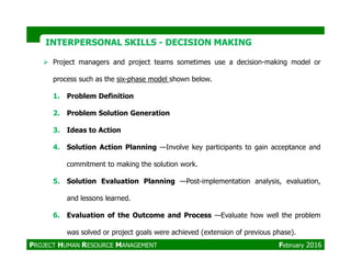 Project managers and project teams sometimes use a decision-making model or
process such as the six-phase model shown below.
1. Problem Definition
2. Problem Solution Generation
3. Ideas to Action
INTERPERSONAL SKILLSINTERPERSONAL SKILLS -- DECISION MAKINGDECISION MAKING
4. Solution Action Planning —Involve key participants to gain acceptance and
commitment to making the solution work.
5. Solution Evaluation Planning —Post-implementation analysis, evaluation,
and lessons learned.
6. Evaluation of the Outcome and Process —Evaluate how well the problem
was solved or project goals were achieved (extension of previous phase).
PROJECT HUMAN RESOURCE MANAGEMENT February 2016
 