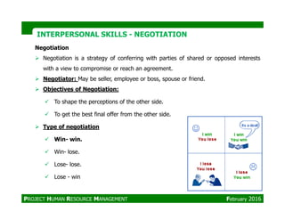 Negotiation
Negotiation is a strategy of conferring with parties of shared or opposed interests
with a view to compromise or reach an agreement.
Negotiator: May be seller, employee or boss, spouse or friend.
Objectives of Negotiation:
To shape the perceptions of the other side.
INTERPERSONAL SKILLSINTERPERSONAL SKILLS -- NEGOTIATIONNEGOTIATION
To get the best final offer from the other side.
Type of negotiation
Win- win.
Win- lose.
Lose- lose.
Lose - win
PROJECT HUMAN RESOURCE MANAGEMENT February 2016
 