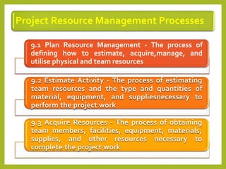 Project Resource Management Processes
9.1 Plan Resource Management - The process of
defining how to estimate, acquire,manage, and
utilise physical and team resources
9.2 Estimate Activity - The process of estimating
team resources and the type and quantities of
material, equipment, and suppliesnecessary to
perform the project work
9.3 Acquire Resources - The process of obtaining
team members, facilities, equipment, materials,
supplies, and other resources necessary to
complete the project work
 