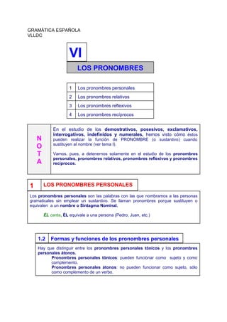 GRAMÁTICA ESPAÑOLA
VLLDC
VI
LOS PRONOMBRES
1 Los pronombres personales
2 Los pronombres relativos
3 Los pronombres reflexivos
4 Los pronombres recíprocos
N
O
T
A
En el estudio de los demostrativos, posesivos, exclamativos,
interrogativos, indefinidos y numerales, hemos visto cómo éstos
pueden realizar la función de PRONOMBRE (o sustantivo) cuando
sustituyen al nombre (ver tema I).
Vamos, pues, a detenernos solamente en el estudio de los pronombres
personales, pronombres relativos, pronombres reflexivos y pronombres
recíprocos.
1 LOS PRONOMBRES PERSONALES
Los pronombres personales son las palabras con las que nombramos a las personas
gramaticales sin emplear un sustantivo. Se llaman pronombres porque sustituyen o
equivalen a un nombre o Sintagma Nominal.
ÉL canta, ÉL equivale a una persona (Pedro, Juan, etc.)
1.2 Formas y funciones de los pronombres personales
Hay que distinguir entre los pronombres personales tónicos y los pronombres
personales átonos.
Pronombres personales tónicos: pueden funcionar como sujeto y como
complemento.
Pronombres personales átonos: no pueden funcionar como sujeto, sólo
como complemento de un verbo.
 